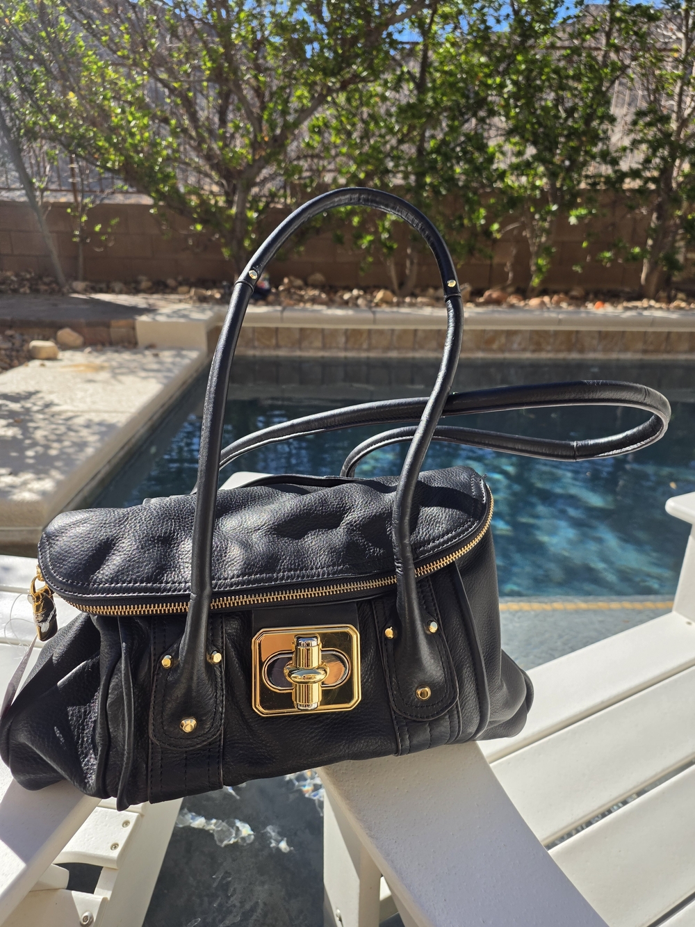 B MAKOWSKY Black Leather Top-Handle Satchel with Gold Hardware